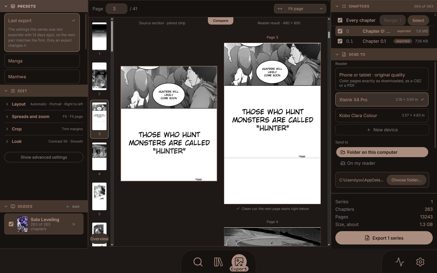 The Export screen: presets and edit options, the page as downloaded next to the page made for the reader, and where to send it