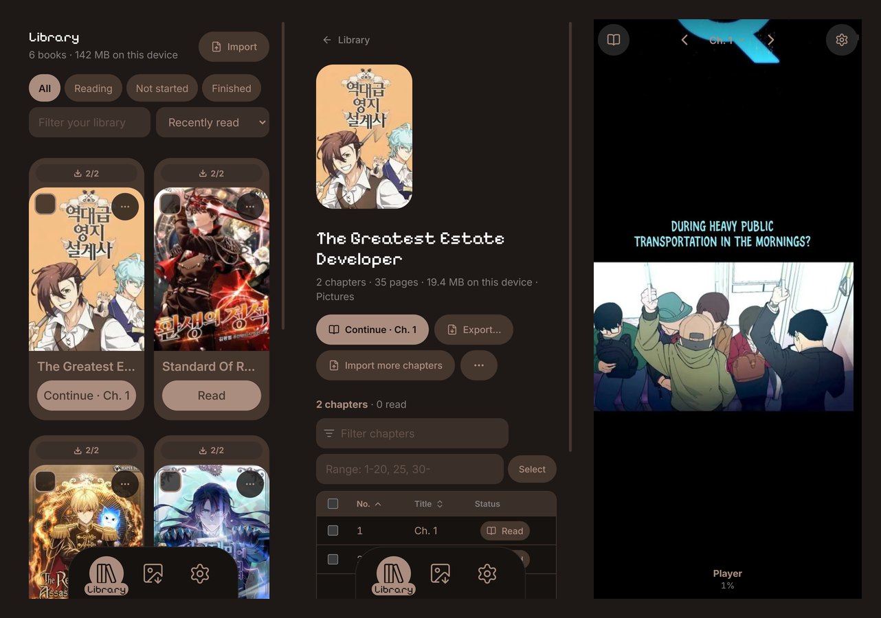 The website on a phone: the Library, a book's page with its chapters, and the reader